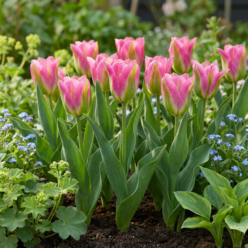 Massif de tulipes 'Striped Crown' aux fleurs rose vif et vert pâle épanouies dans un jardin printanier.