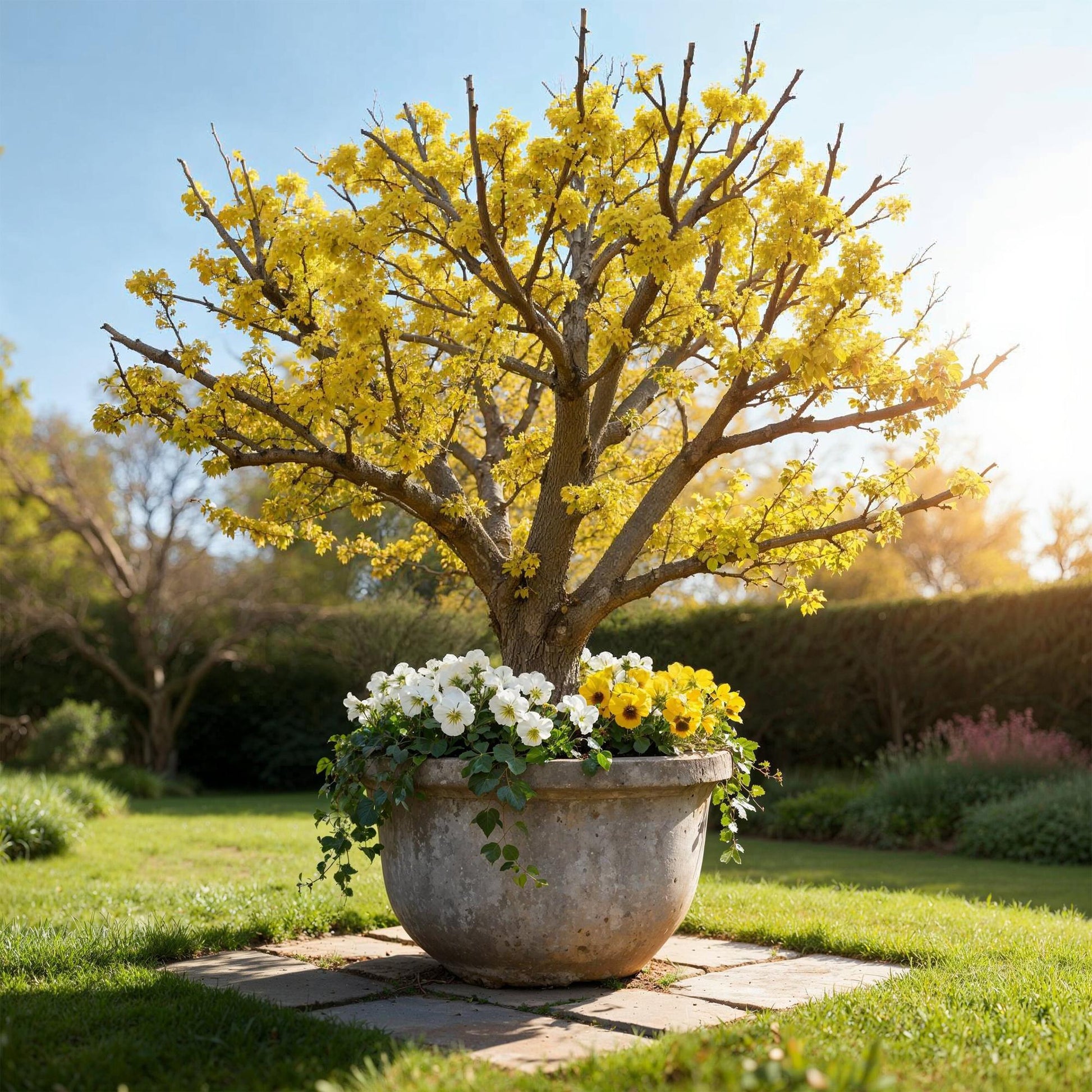 Cornus mas : Arbre aux fleurs jaunes lumineuses planté dans un grand pot en pierre orné de petites fleurs blanches et jaunes, au centre d'un