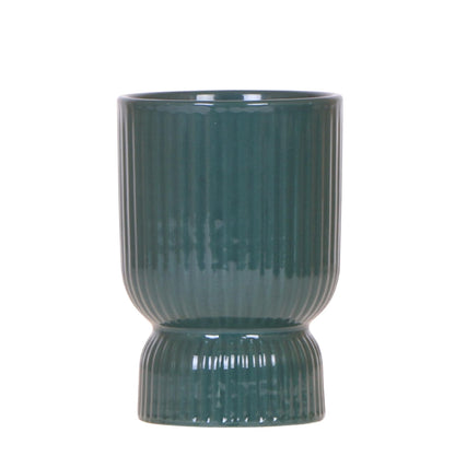 Cache-pot céramique nervuré brillant - silhouette diabolo moderne - vert
