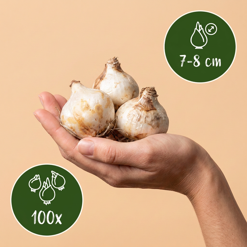 Bulbes de Muscari d'Arménie tenus dans une main, calibre 7-8 cm, lot de 100 bulbes.