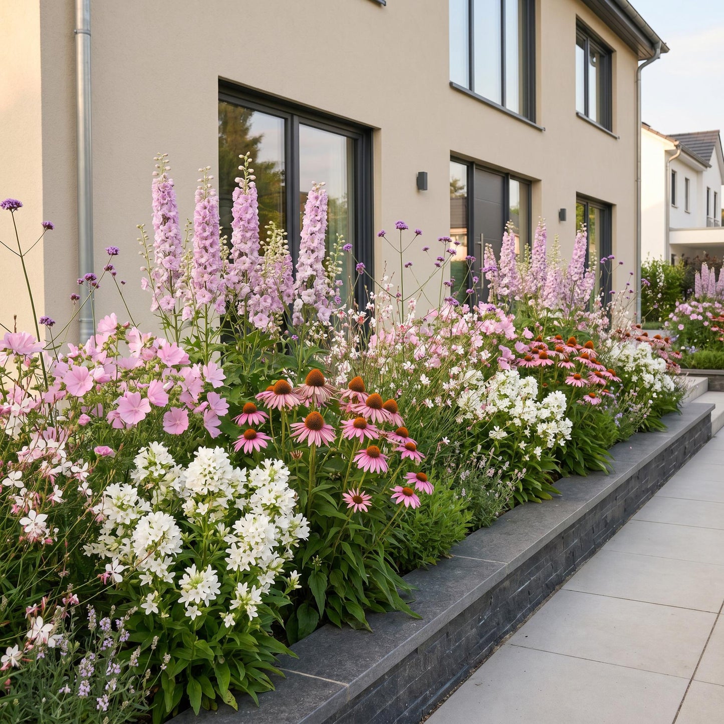 Plantes vivaces variées en fleurs, dans les tons roses, violets et blancs, composant un massif coloré devant une maison moderne.