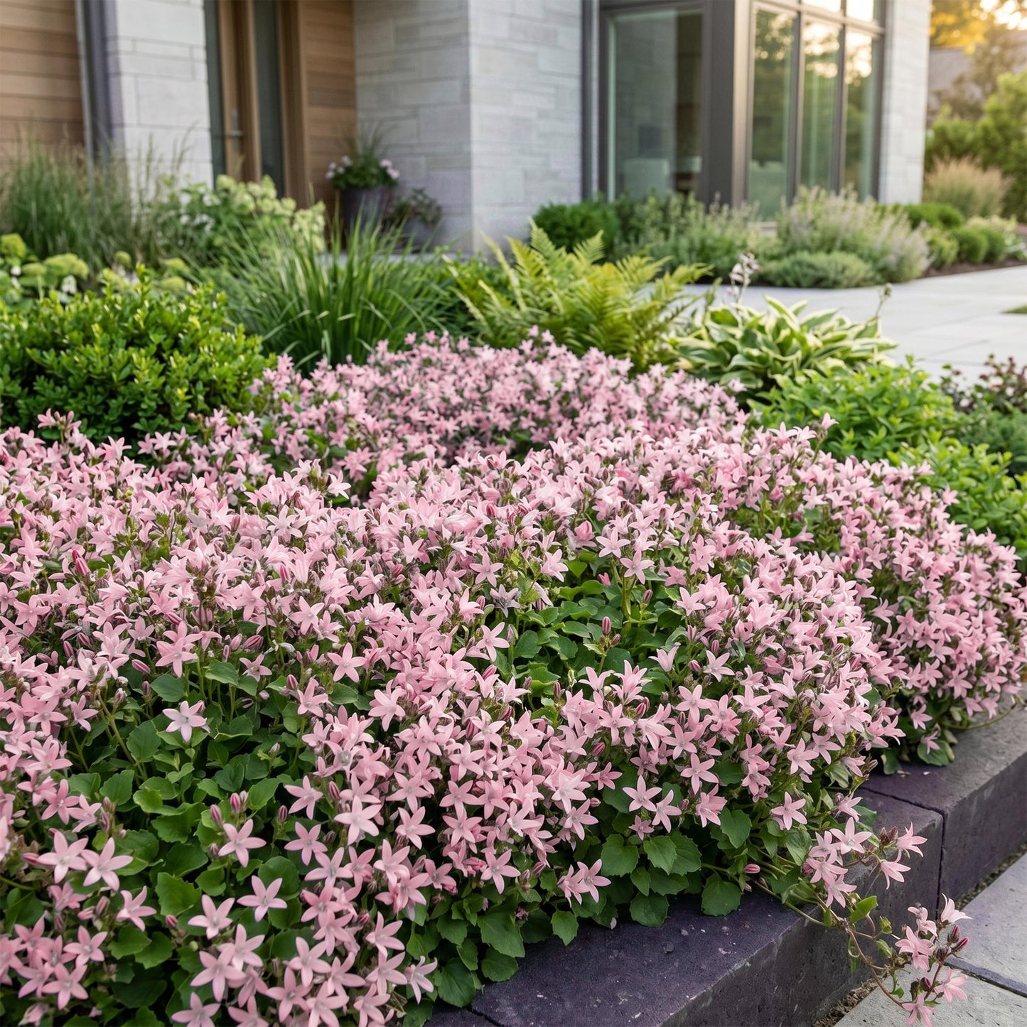 Campanula posch. Lisduggan Variety, cloche pêché, couvrant de sol rose pâle dans un jardin moderne près d'une maison.