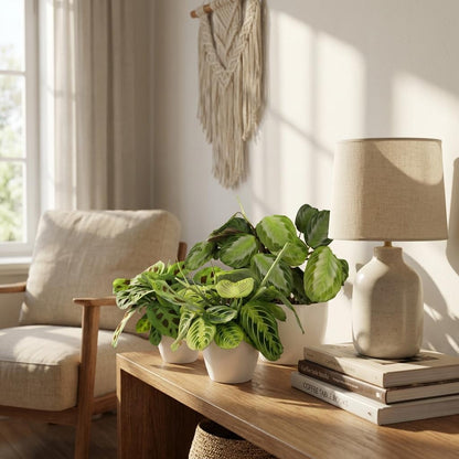 Plante d'intérieur - Marantha Silverband, Marantha Lemon Lime Marantha Kerchoveana - Plante à prière - Plante amie des animaux - Vert - 3 Plantes - avec Potter Blanc - Pot 12cm - Hauteur 25cm