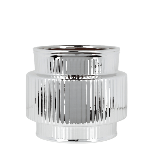 Cache-pot céramique nervuré métallisé - argenté - 9 cm