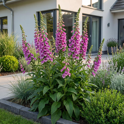 Digitalis purp. Dalmatian Purple : Digitale à fleurs violettes en forme de clochette, poussant en massif devant une maison moderne.
