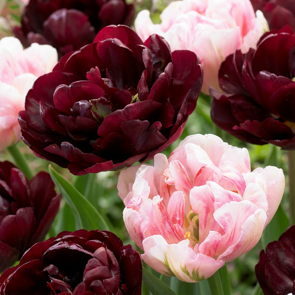 Gros plan sur un mélange de tulipes doubles 'Sweet Desire' bordeaux et roses pâles.
