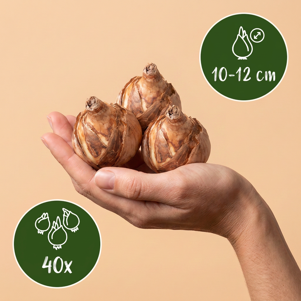Bulbes de Narcisse botanique en mélange tenus dans une main, calibre 10-12 cm, lot de 40 bulbes.