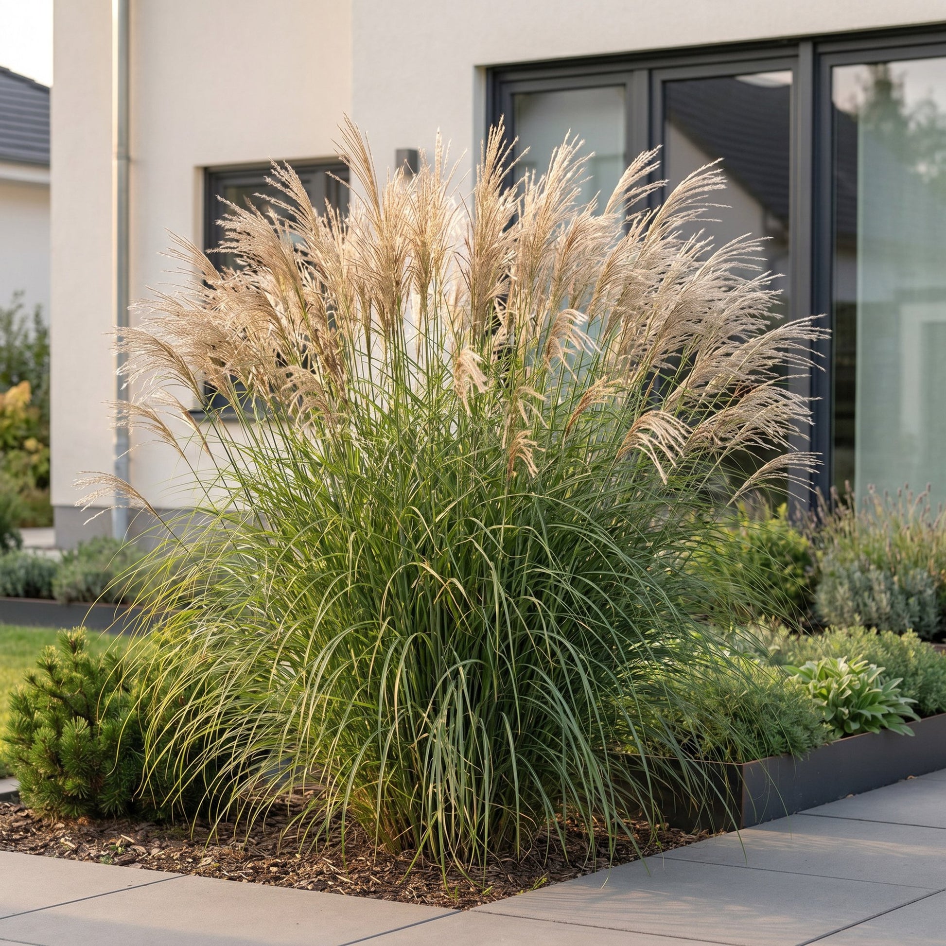 Miscanthus sin. Gracillimus en pleine terre, grande herbe ornementale aux plumets dorés, devant une maison moderne.