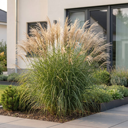 Miscanthus sin. Gracillimus en pleine terre, grande herbe ornementale aux plumets dorés, devant une maison moderne.