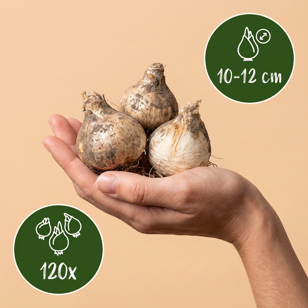 Bulbes d'Ail d'ornement en mélange pourpre et blanc tenus dans une main, calibre 10/12, lot de 120 bulbes