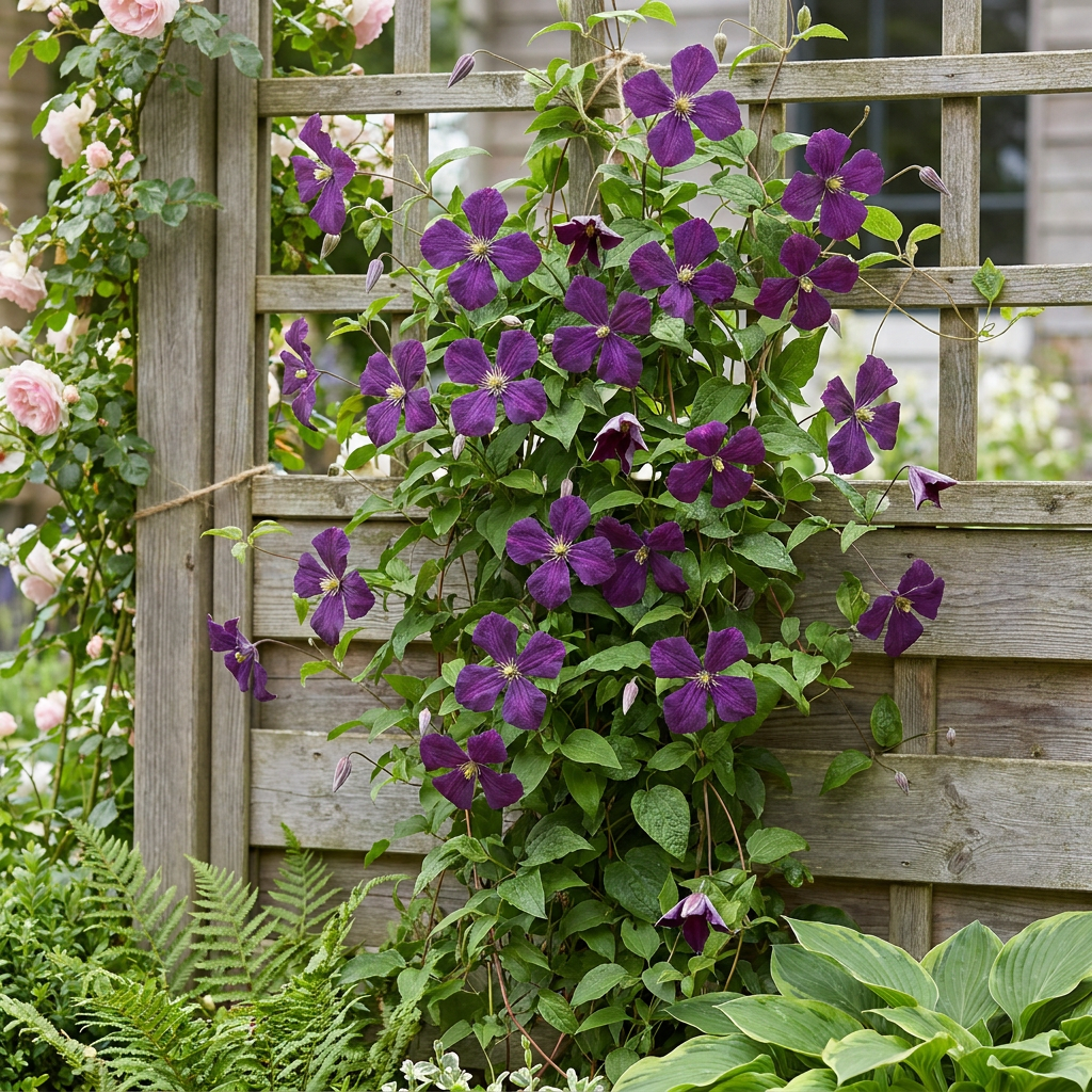 Clématite Viticella 'Polish Spirit' (Clematis) - grimpante à fleurs abondantes violet intense