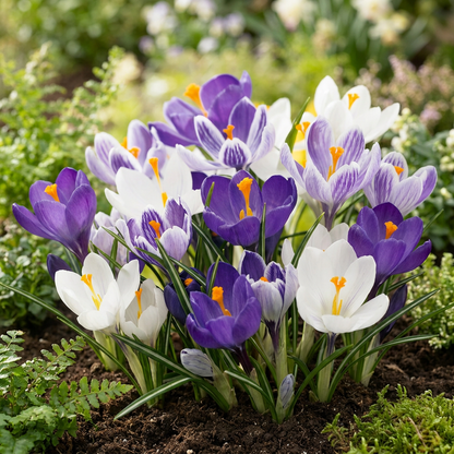 Massif de Crocus en mélange bleu, violet et blanc fleurissant dans la terre.
