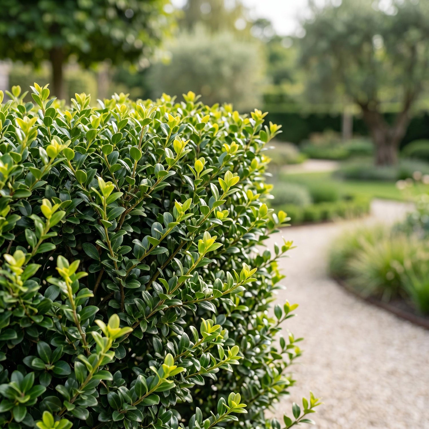 Ilex crenata Golden Gem en bordure d'une allée de gravier dans un jardin paysager, son feuillage vert brillant créant un contraste lumineux.