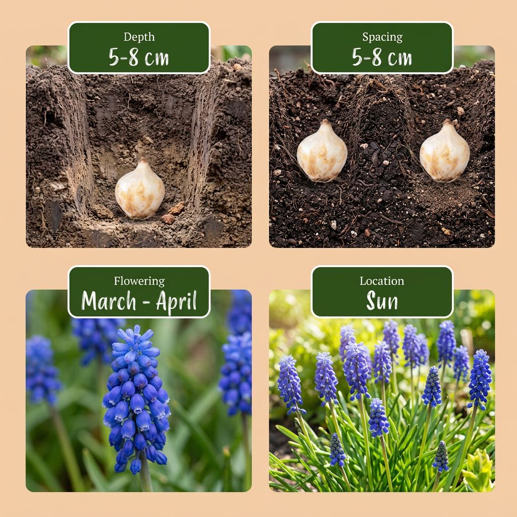 Guide de plantation des bulbes de Muscari d'Arménie : profondeur, espacement, floraison et exposition.