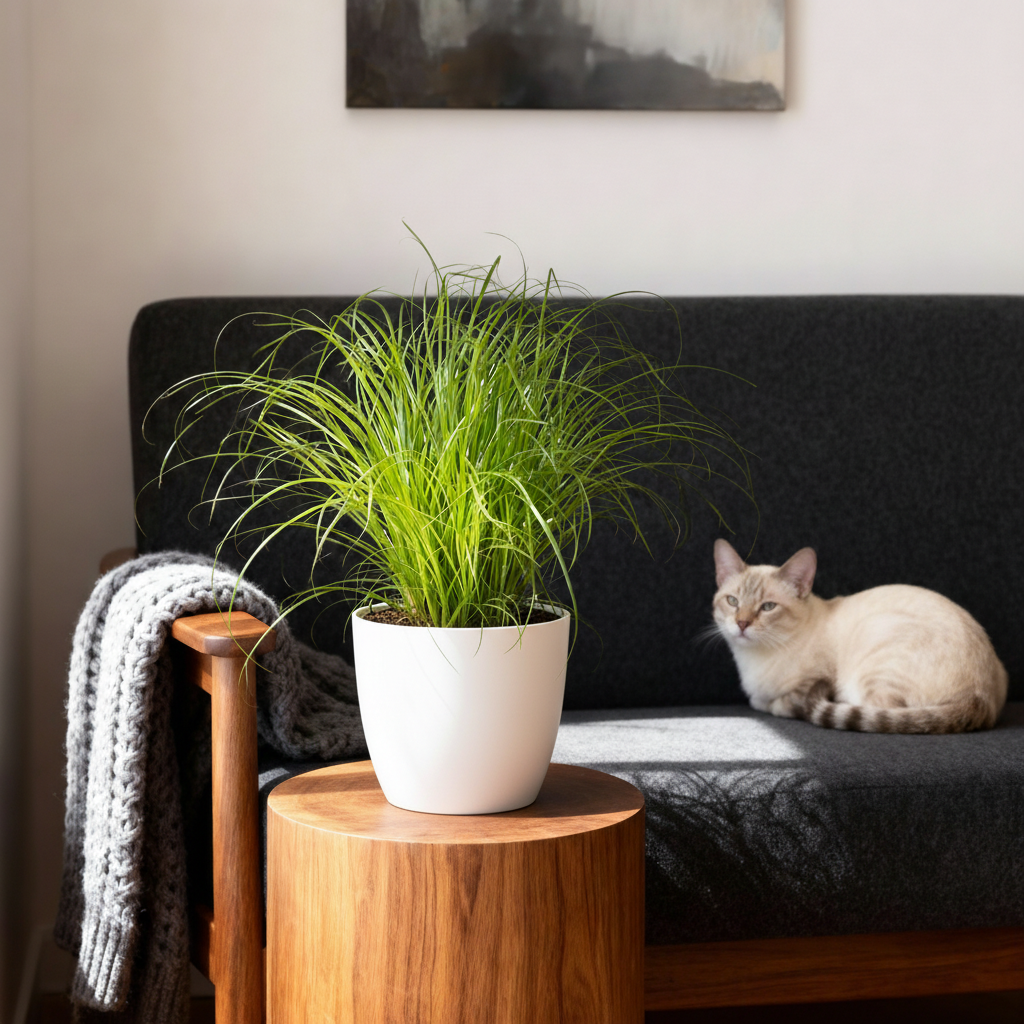 Plante d'intérieur - Cyperus alternifolius Zumula - Plante à chats - Plante amicale pour les animaux - Vert - 1 Plante - avec Potter Blanc - Pot 12cm - Hauteur 20cm