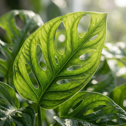 Gros plan sur une feuille de Monstera Adansonii Monkey Mask verte et perforée, légèrement mouillée et éclairée par l'arrière