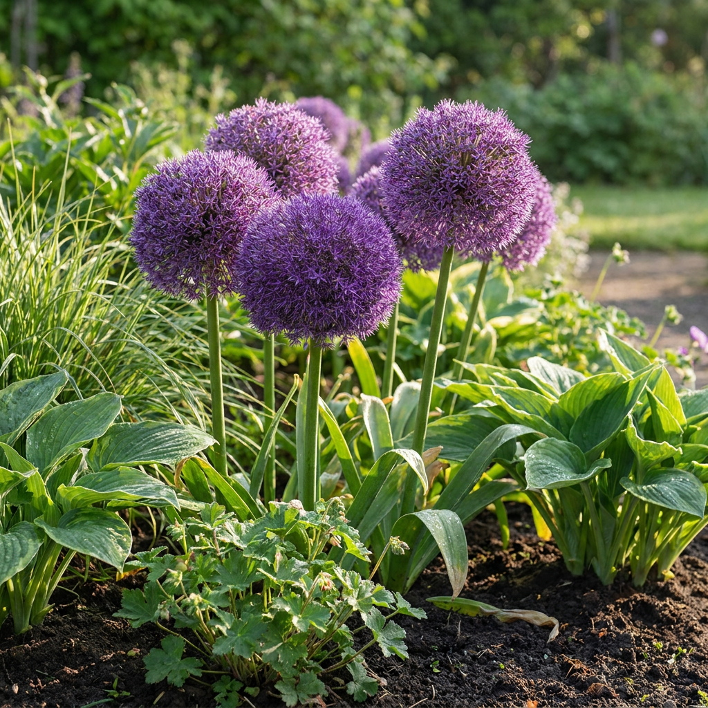 Massif de fleurs d'Ail d'ornement 'Pinball Wizard' (Allium) aux grandes inflorescences sphériques violettes, dans un jardin