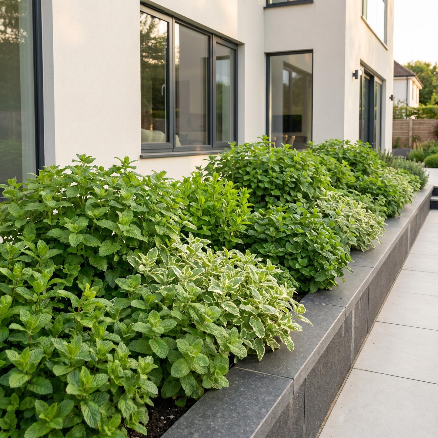 Herbes à thé, différentes espèces et couleurs, formant un massif verdoyant le long d'une façade moderne et épurée.
