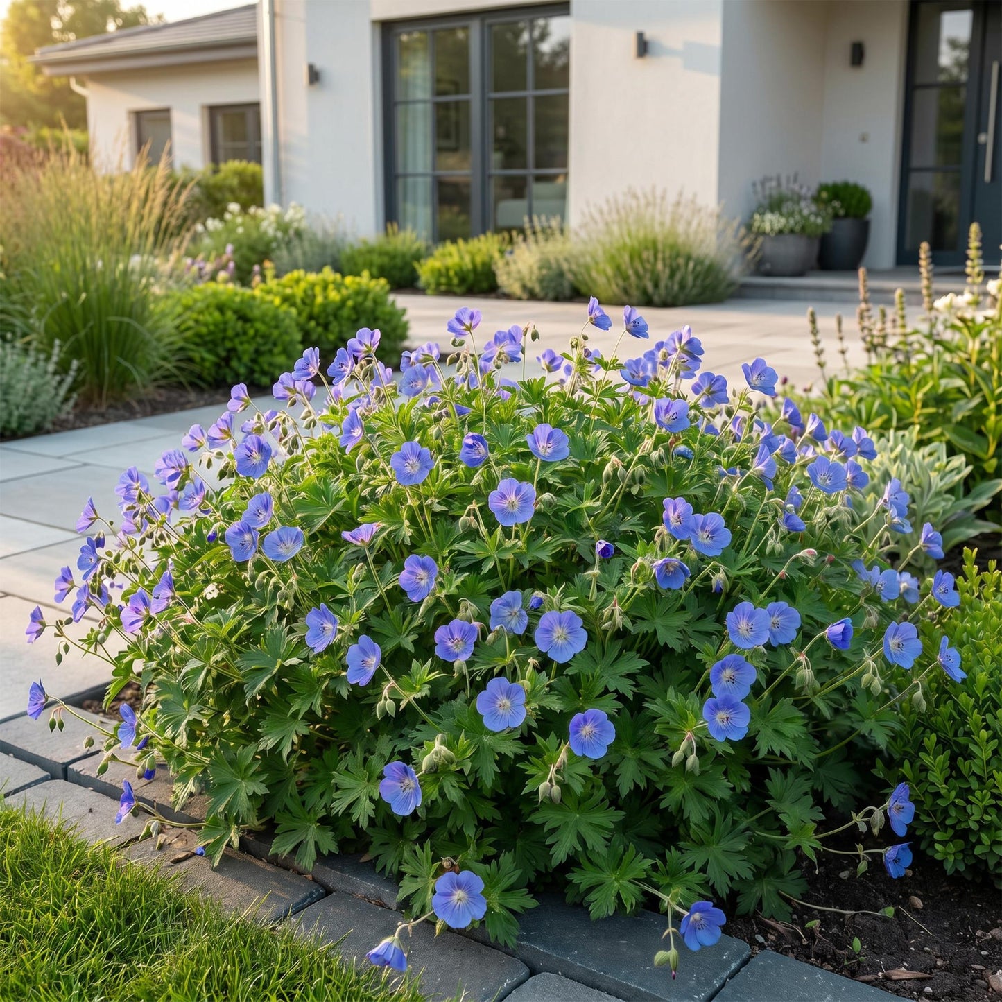 Géranium Johnson's Blue, vivace à fleurs bleues, dans un jardin moderne en pierre avec une maison en arrière-plan.
