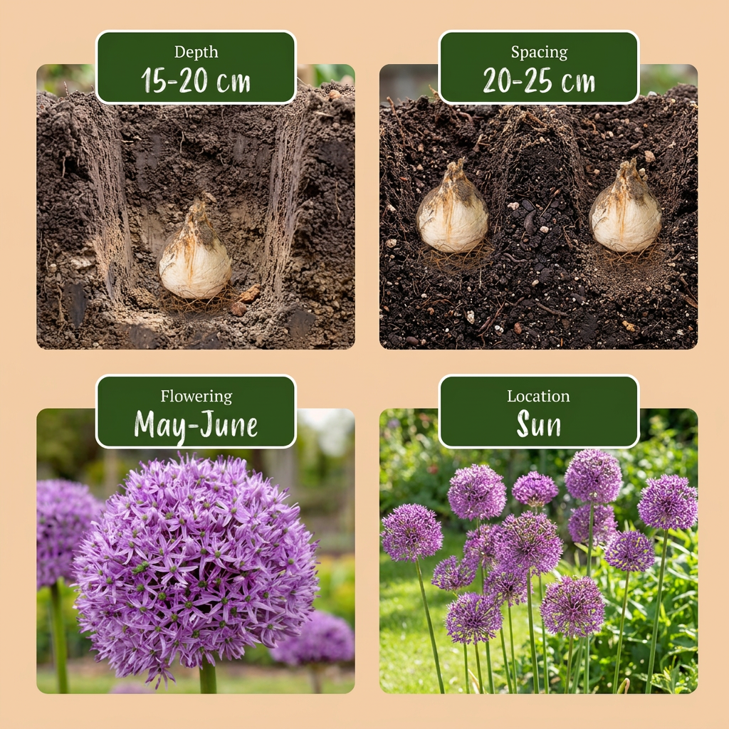 Guide de plantation des bulbes d'Ail d'ornement 'Gladiator' avec profondeur, espacement, floraison et exposition.