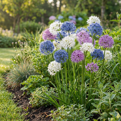 Massif de fleurs d'Ail d'ornement 'Buzzing Beauties' aux couleurs variées bleues, violettes et blanches dans un jardin