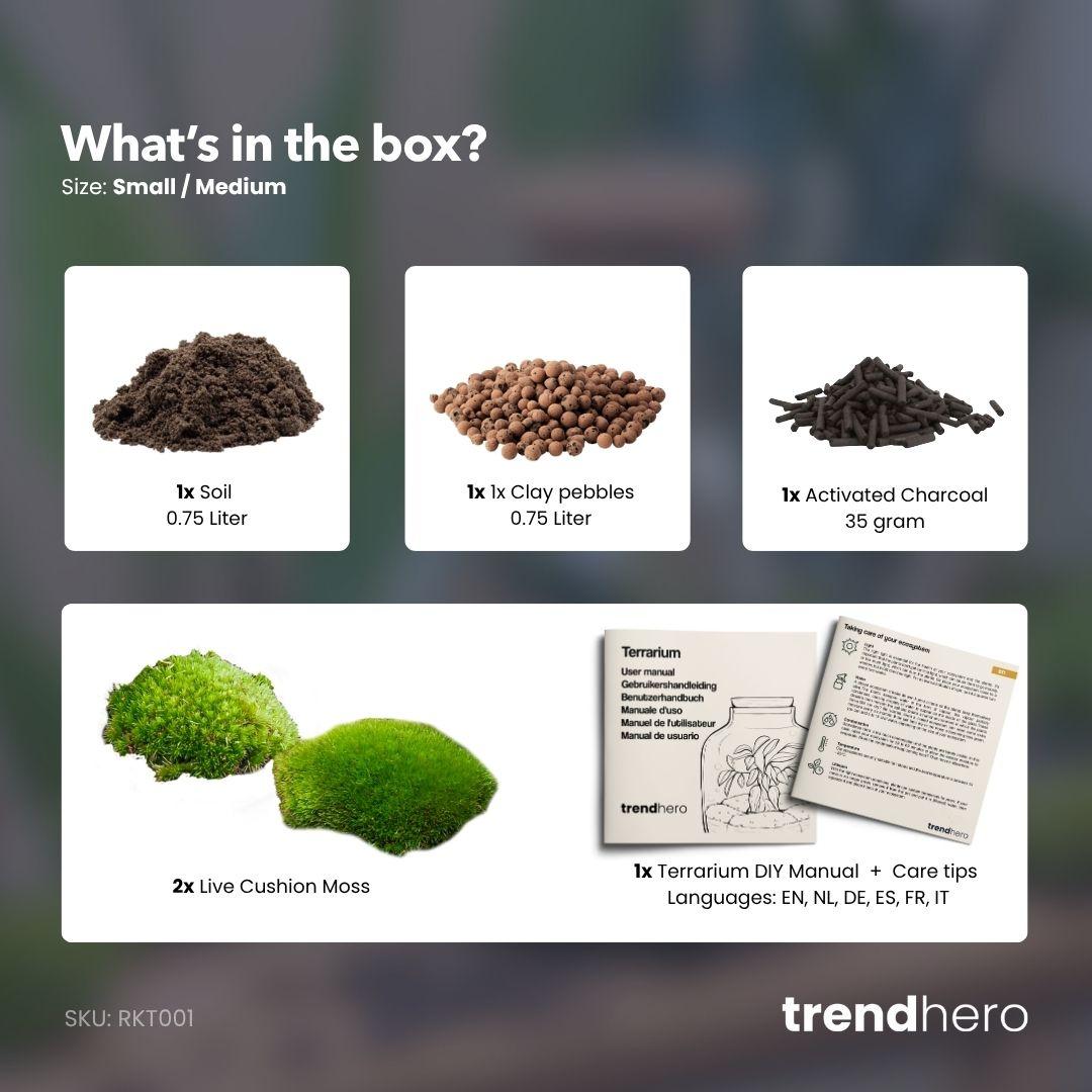 Recharge terrarium et starter kit : mousse, terreau, billes d'argile et charbon actif