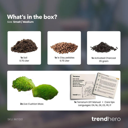 Recharge terrarium et starter kit : mousse, terreau, billes d'argile et charbon actif