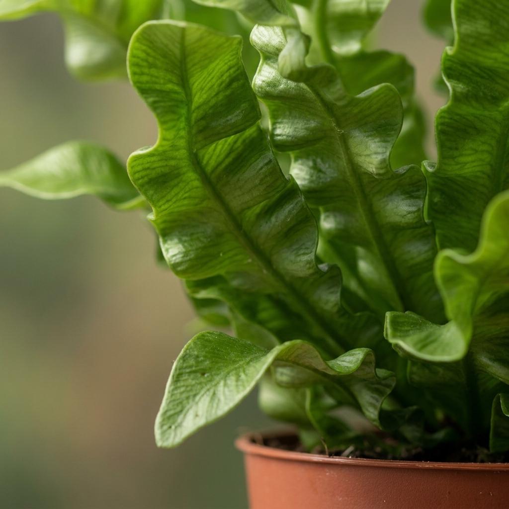Gros plan sur les feuilles vertes texturées et ondulées d'une belle Fougère Crispy Wave dans son pot
