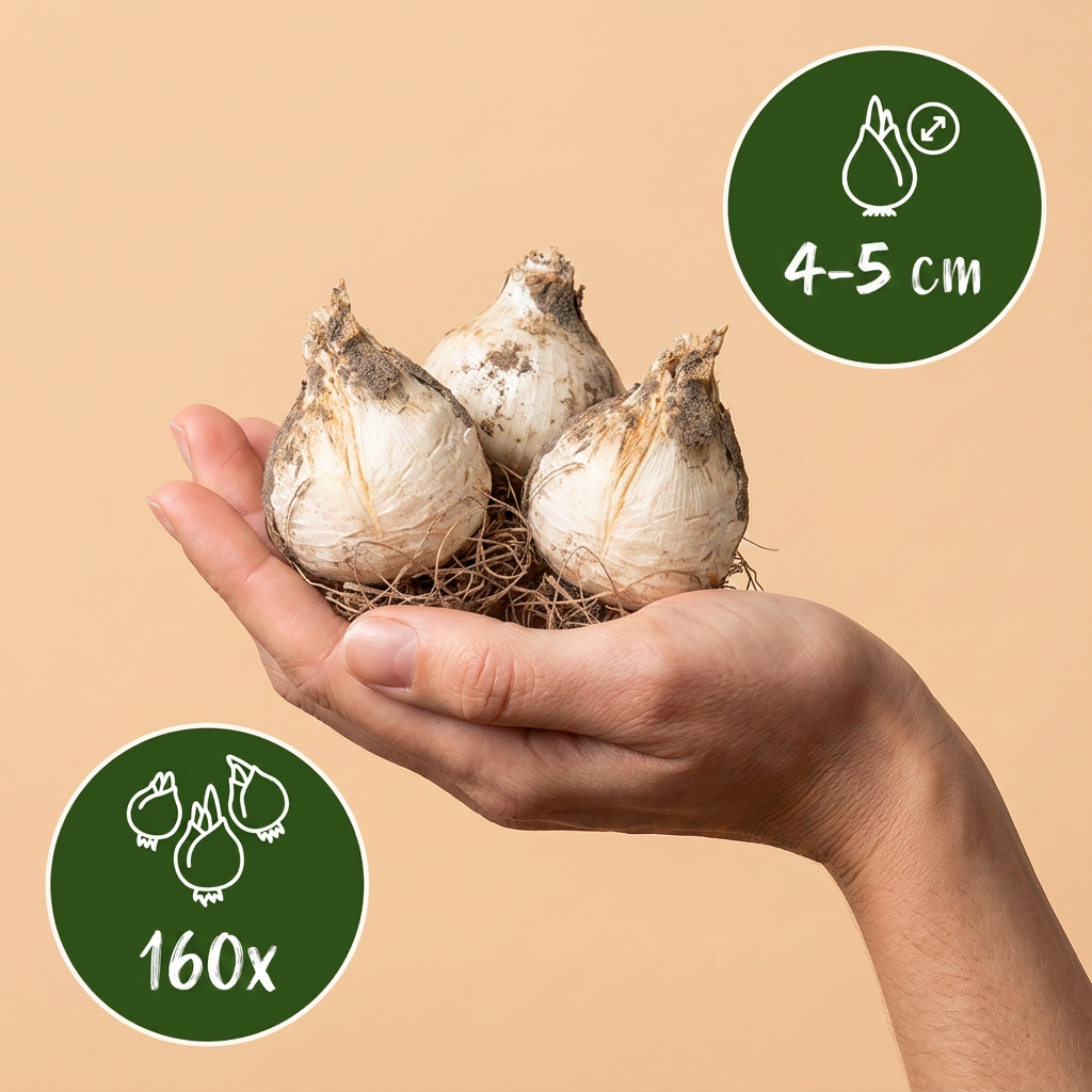 Bulbes d'Ail d'ornement Caeruleum tenus dans une main, calibre 4-5 cm, lot de 160 bulbes.