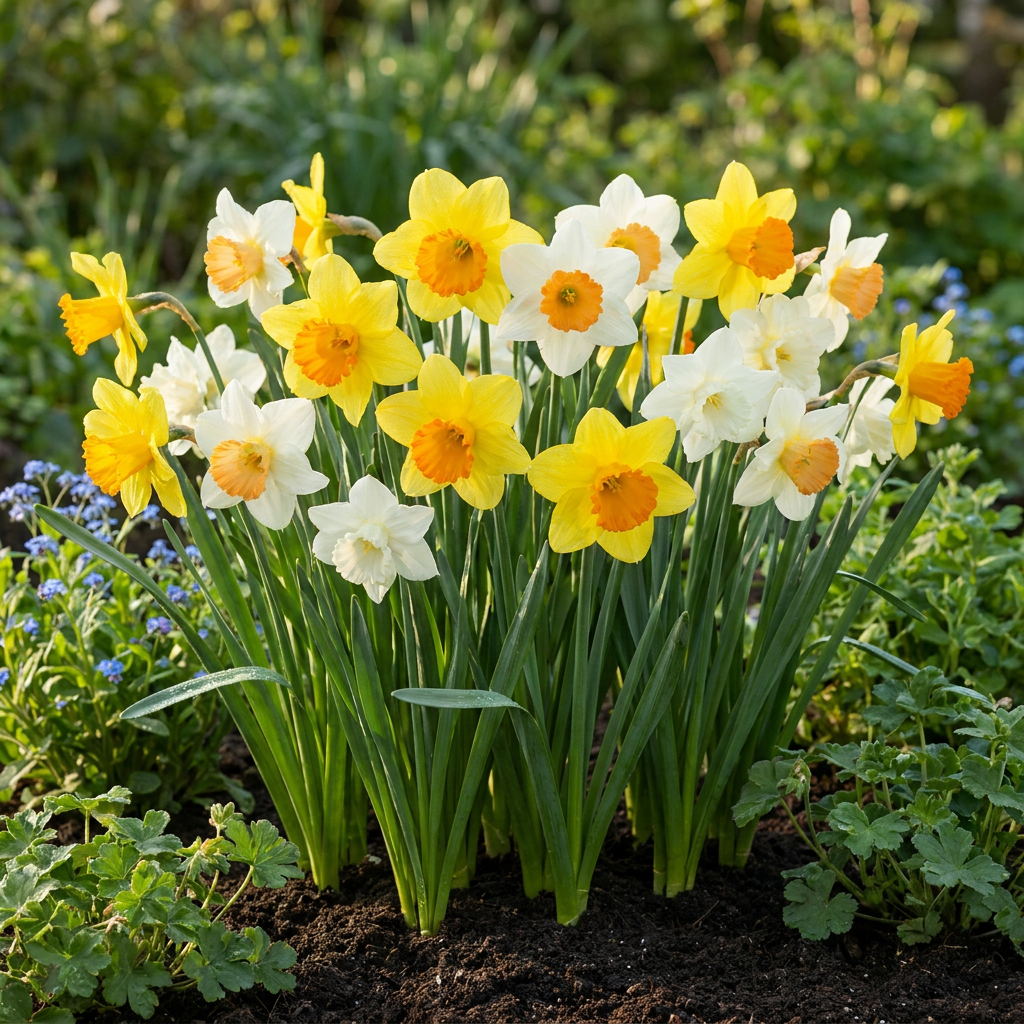 Massif de narcisses à grande couronne en mélange, avec des fleurs jaunes et blanches aux cœurs oranges, épanouies dans un