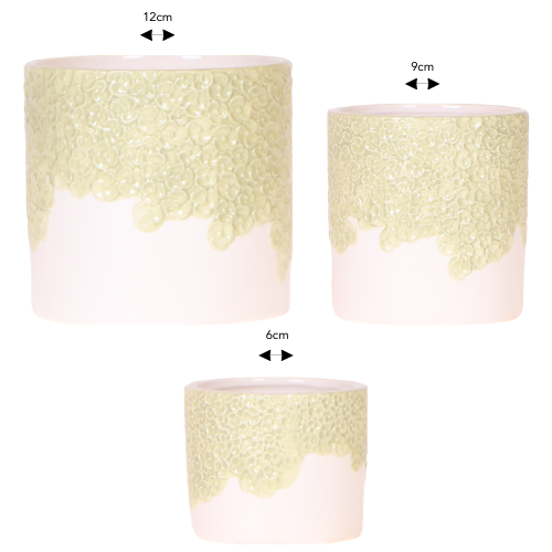 Lot de 3 cache-pots céramique en relief floral - vert (6, 9 et 12 cm)