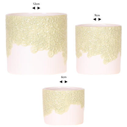 Lot de 3 cache-pots céramique en relief floral - vert (6, 9 et 12 cm)