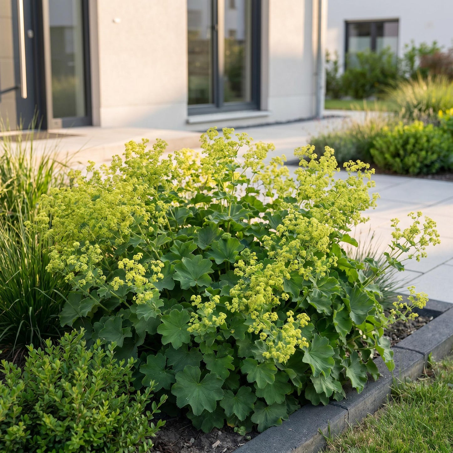 Alchemilla mollis en pleine floraison avec ses petites fleurs vert-jaune et son feuillage lobé, plantée en massif le long d'une allée.
