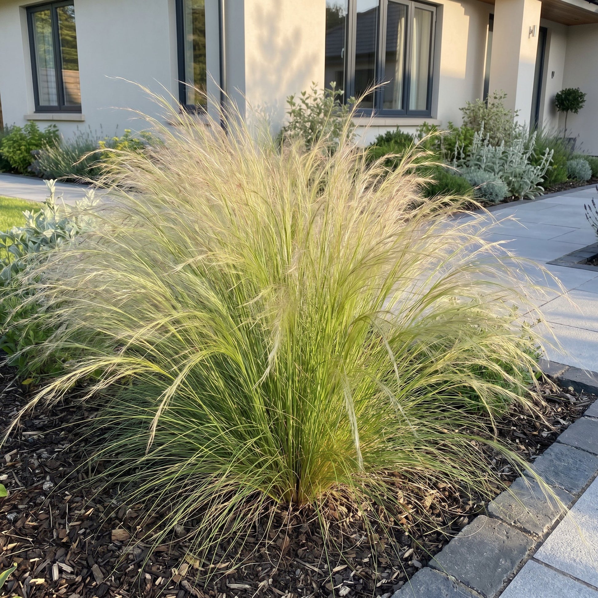 Stipa tenuissima Ponytails. Un grand plant d'herbe à plumes danse sous le soleil du matin devant une maison moderne, ajoutant une touche dou