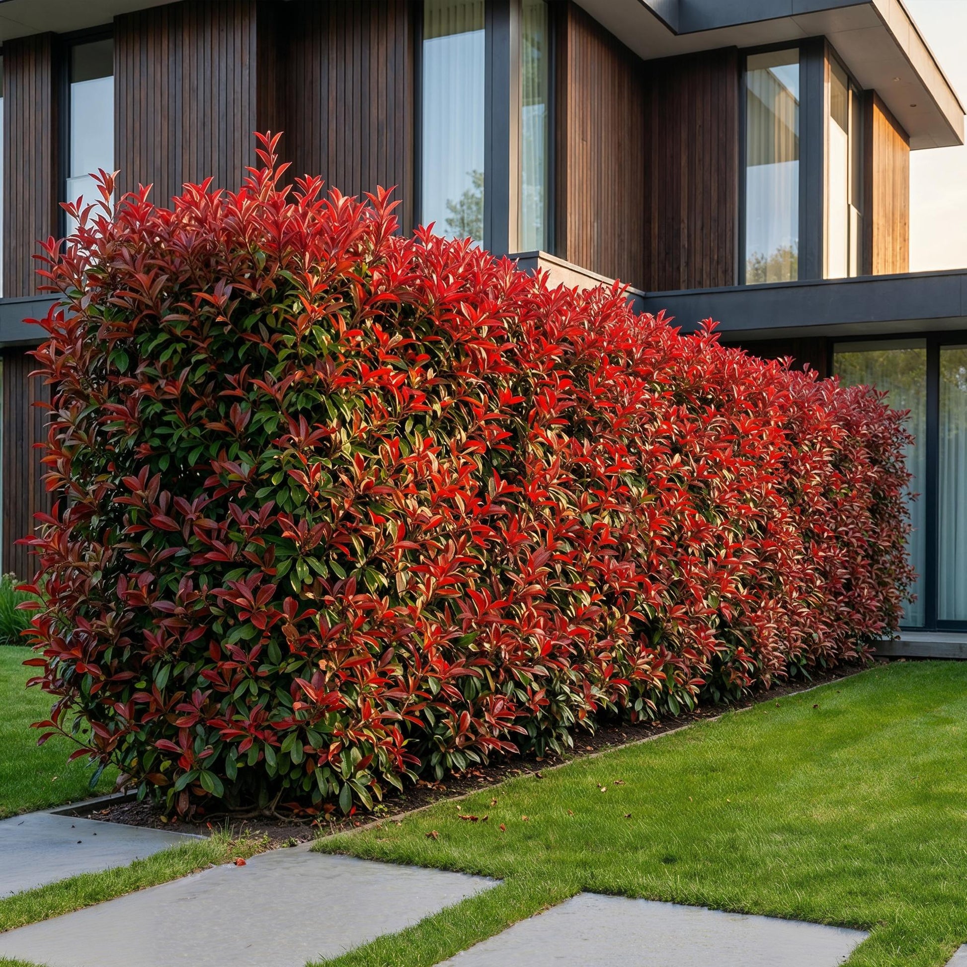 Photinia fraseri Carre Rouge en haie dense et colorée le long d'une maison moderne, feuillage rouge vif et vert.
