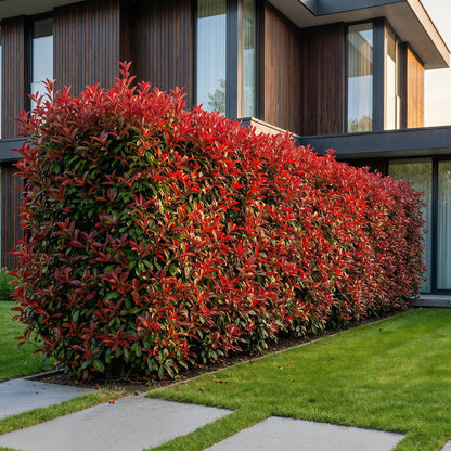 Photinia fraseri Carre Rouge en haie dense et colorée le long d'une maison moderne, feuillage rouge vif et vert.