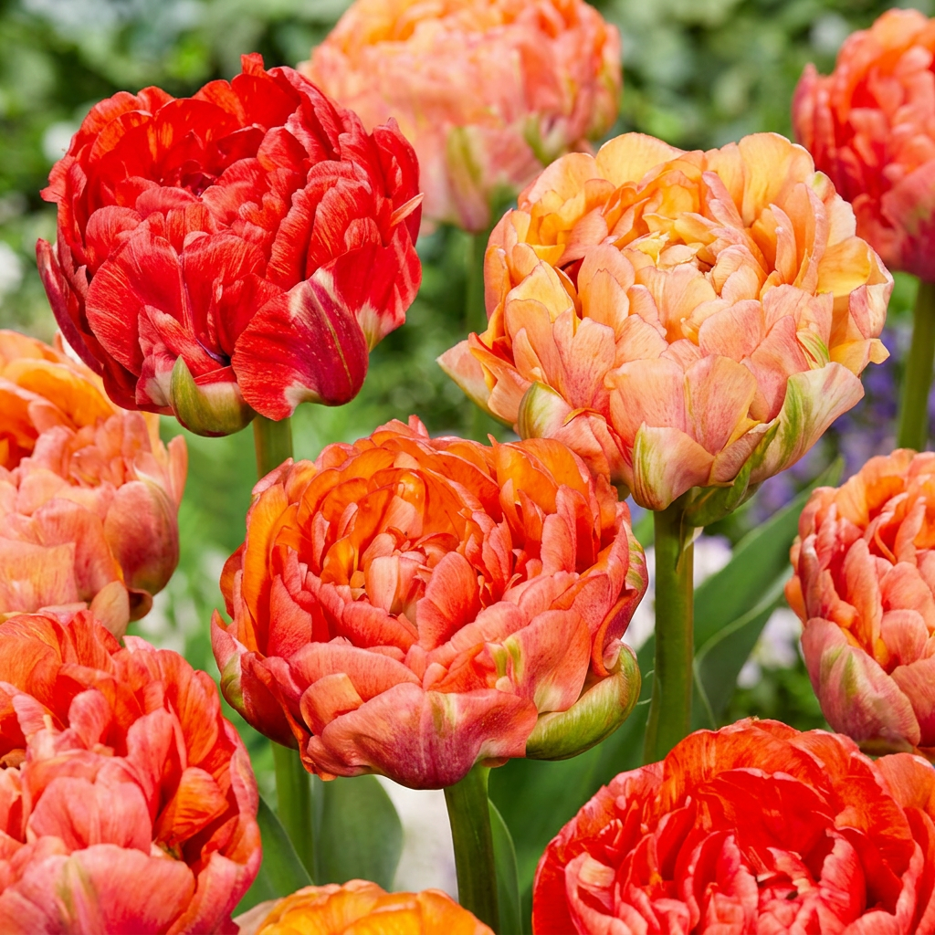 Massif de tulipes 'Gudoshnik' doubles, aux fleurs luxuriantes rouges et oranges, en pleine floraison printanière.