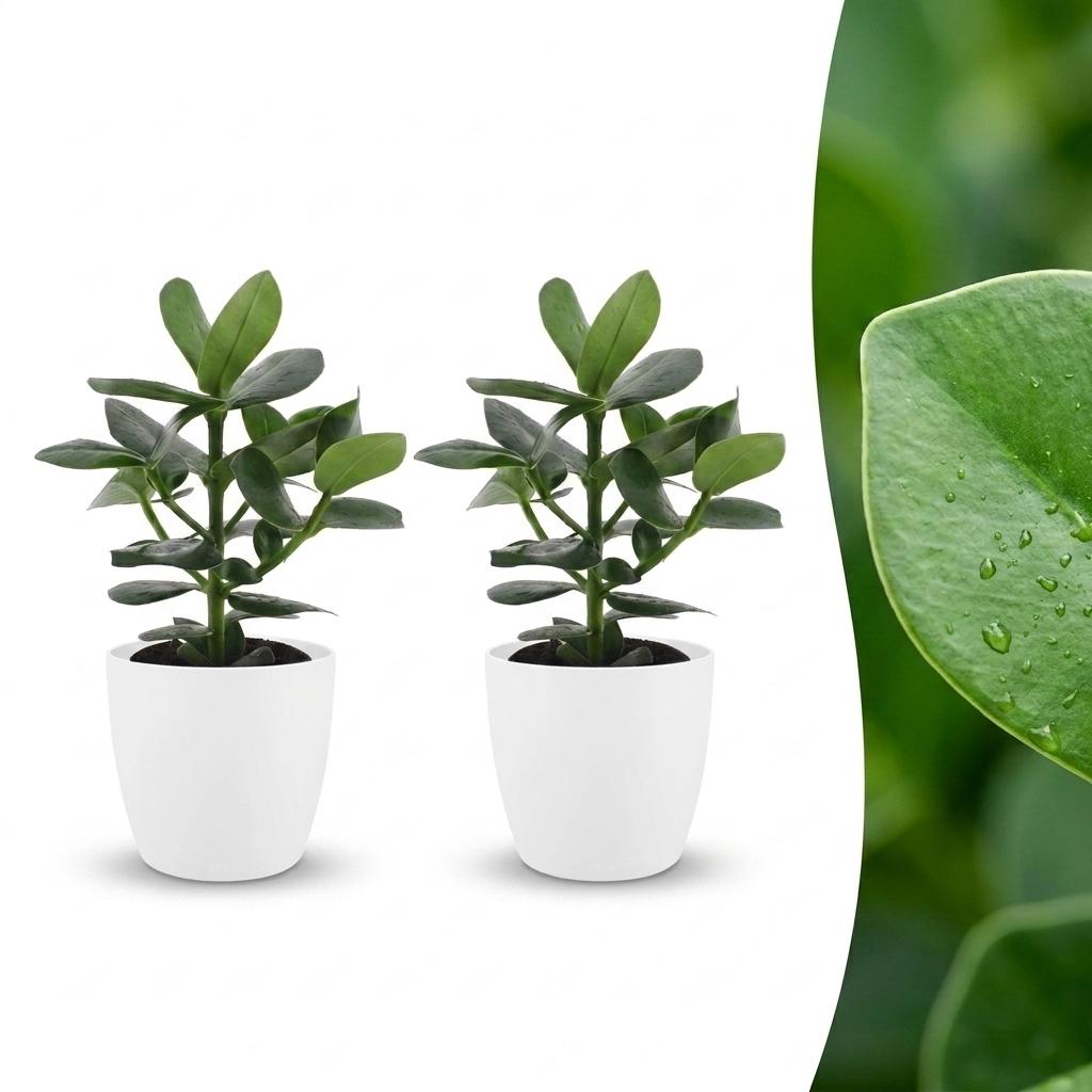 Deux jeunes plants de Clusia Princess aux feuilles vert foncé, chacun dans un élégant cache-pot blanc assorti