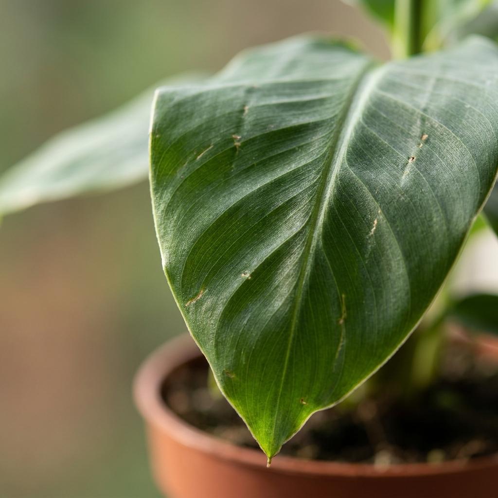 Gros plan sur une grande feuille vert foncé du Musa Oriental Dwarf avec ses nervures marquées dans un pot marron
