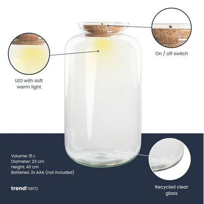 Haute bouteille terrarium en verre recyclé 15 L avec bouchon LED, Ø 23 cm hauteur 43 cm