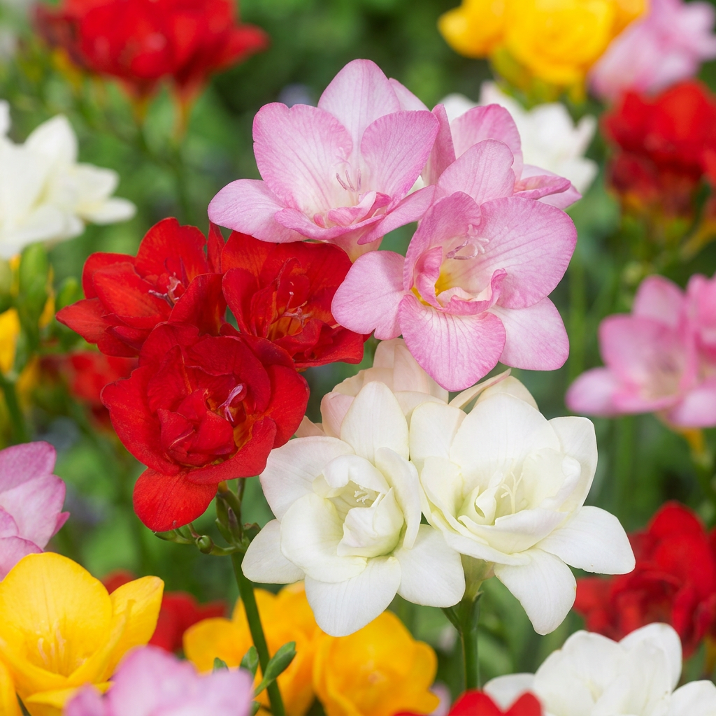 Gros plan sur des freesias doubles en mélange, avec des fleurs rouges, roses et blanches au premier plan.
