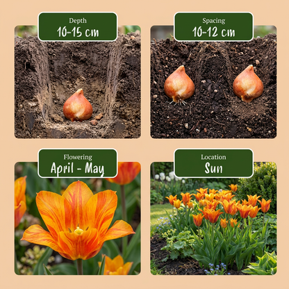 Guide de plantation et floraison des bulbes de Tulipe 'Vendée Globe', avec profondeur, espacement, floraison et exposition.