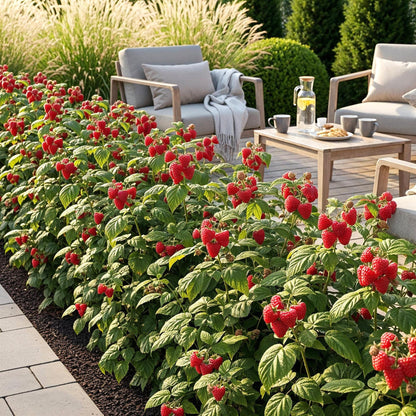 Framboisier Rubus idaeus Ottawa, une rangée de framboisiers rouges chargés de fruits, bordant une terrasse en bois avec un salon de jardin m