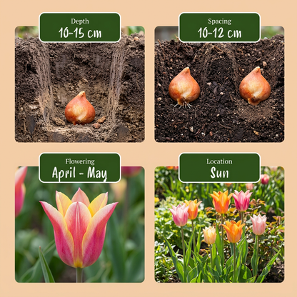Guide de plantation des bulbes de Tulipe 'Ballade' : profondeur, espacement, floraison (avril-mai), exposition (soleil).