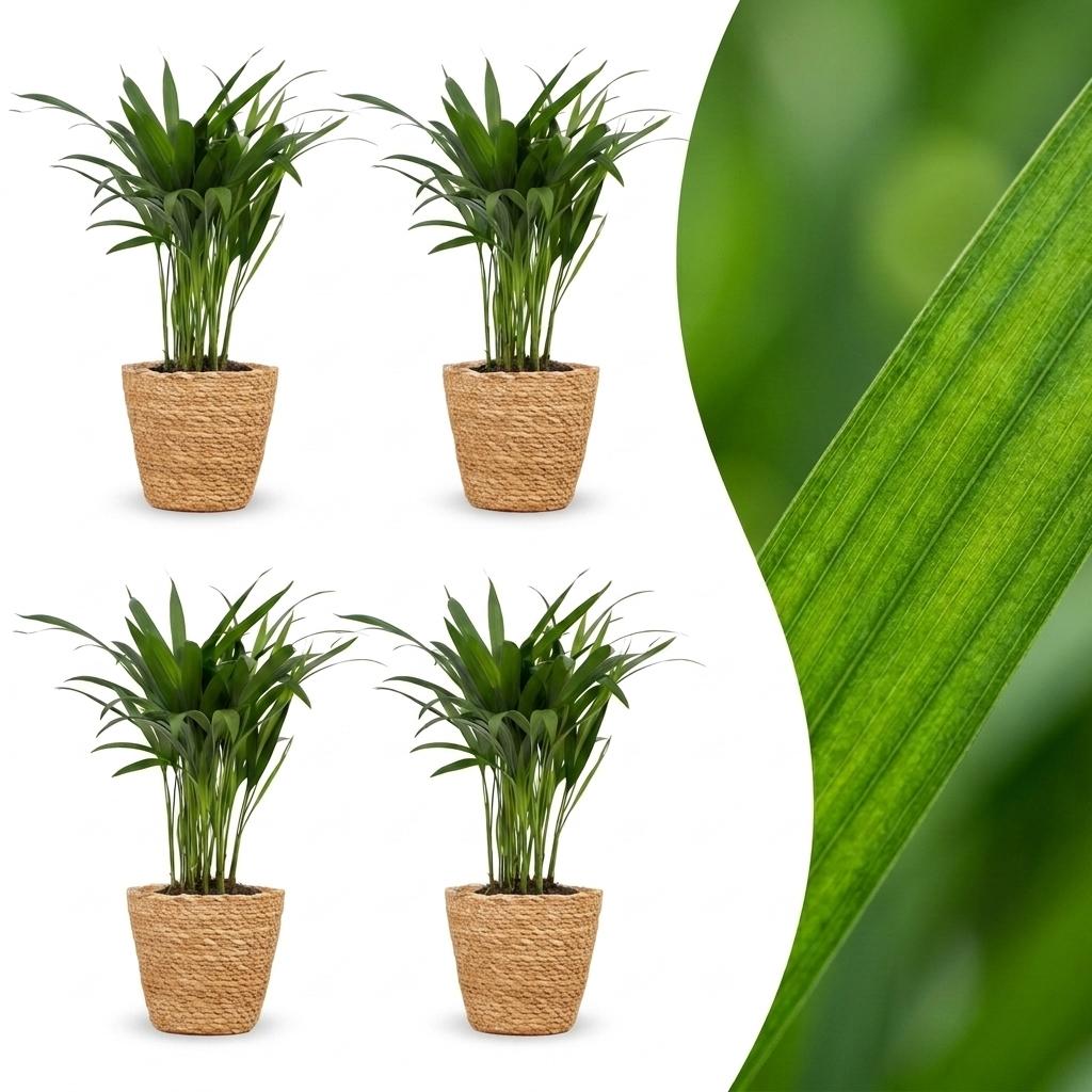 Quatre Areca Lutescens, ou Palmiers Areca, au feuillage plumeux et vert éclatant, chacun présenté dans un cache-pot panier tressé