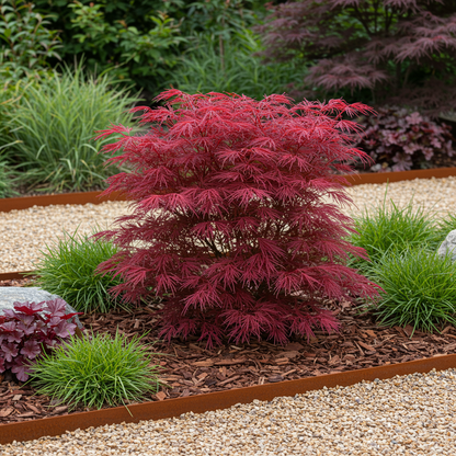 Erable japonais 'Skeeter's Broom' avec son feuillage fin et rouge vif, planté dans un jardin moderne avec du paillis et des bordures en acie