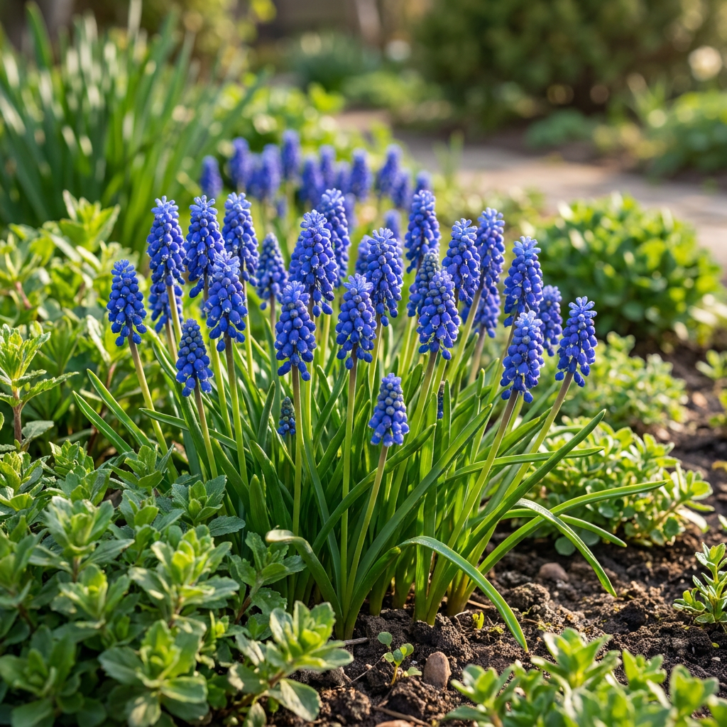 Massif de Muscari d'Arménie aux fleurs bleues éclatantes dans un jardin ensoleillé.