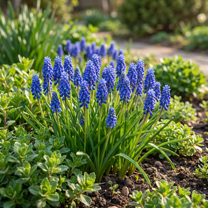 Massif de Muscari d'Arménie aux fleurs bleues éclatantes dans un jardin ensoleillé.