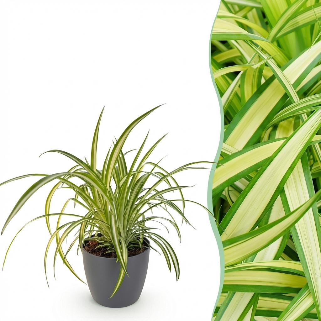 Plante d'intérieur - Chlorophytum comosum Variegatum - Plante Araignée Panachée - Plante Amie des Animaux - Verte - 1 Plante - avec Pot Gris - Pot 12cm - Hauteur 20cm