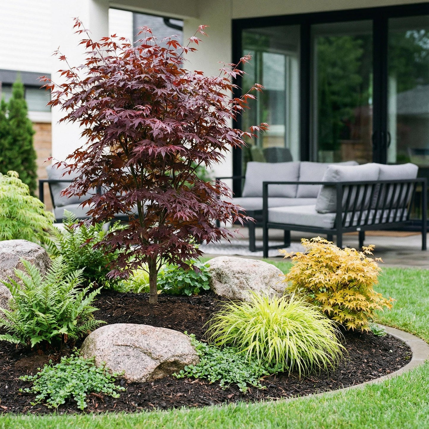 Acer palmatum Bloodgood : Érable japonais pourpre au feuillage caduc, planté dans un jardin avec d'autres végétaux et roches décoratives.
